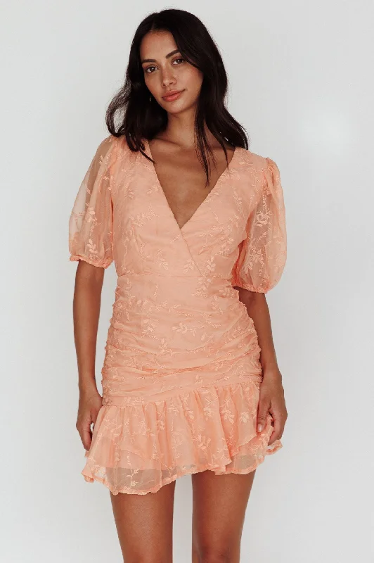 Cherry Blossom Puff Sleeve Wide Ruffle Hem Dress Orange Casual Women's Japanese 