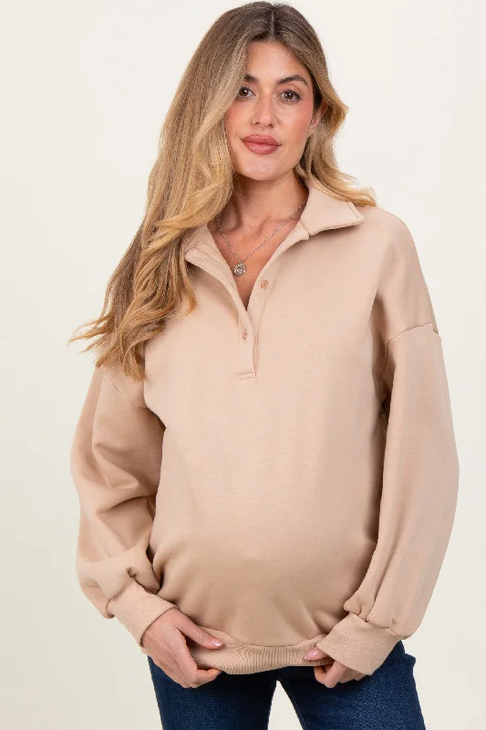 Beige Oversized Long Sleeve Polo Maternity Pullover Youthful Women's Anime - inspired