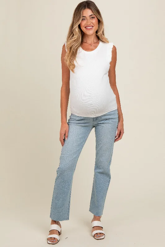 Light Blue Straight Leg Raw Hem Maternity Jeans Stylish Women's Neon Stylish Women's Neon