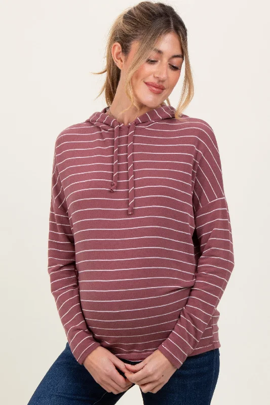 Mauve Striped Drawstring Hoodie Maternity Top Traditional Women's Wool