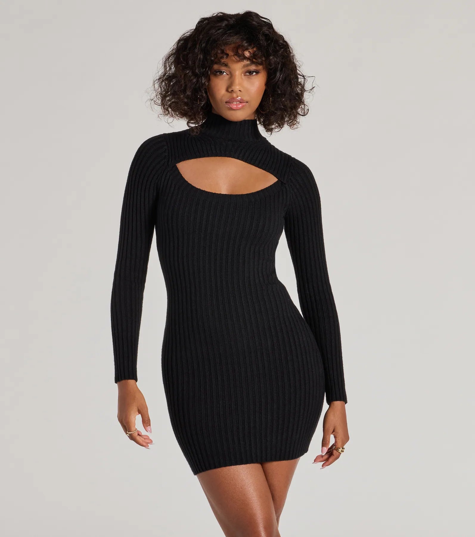 Chic Season Mock Neck Cutout Ribbed Knit Mini Dress Trendy Women's Oversized
