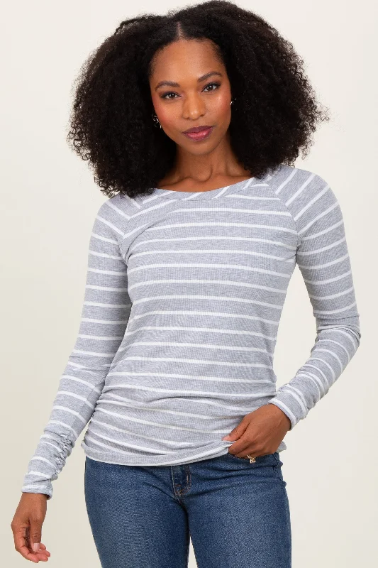 Grey Striped Ruched Side Long Sleeve Top Practical Women's Multi - 