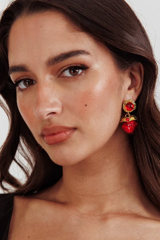 Raja Puffed Red Heart Earrings Gold Hip Women's Retro