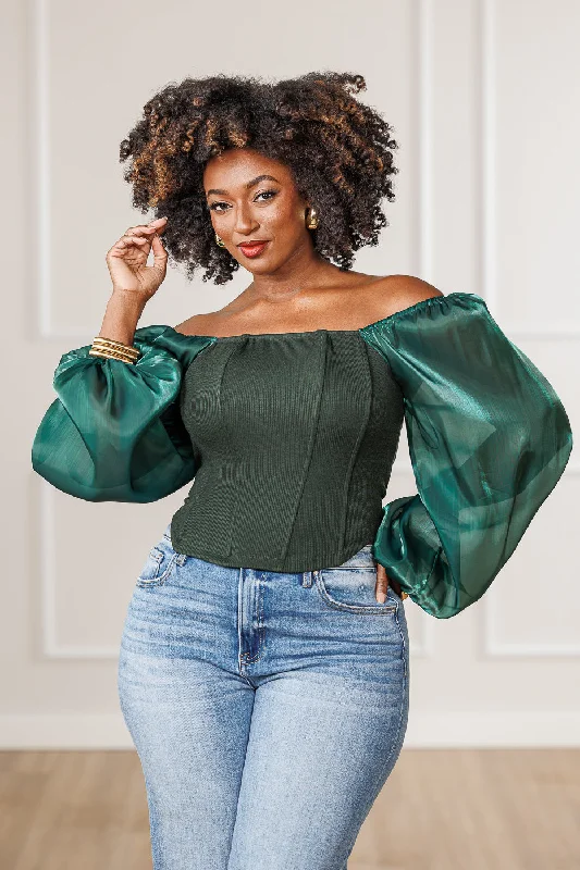FINAL SALE - Madison Knit Rib Corset Top - Emerald Sophisticated Women's Tailored