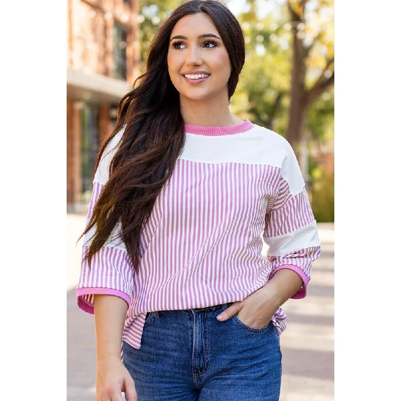 Aliyah Striped Patchwork 3/4 Sleeve Casual Top Stylish Women's Neon