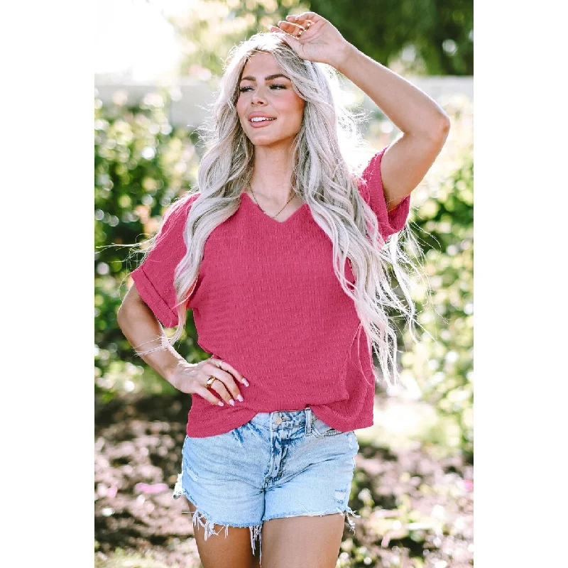 Siena Textured Rolled Sleeve V Neck Tee Classic Women's Pin - striped