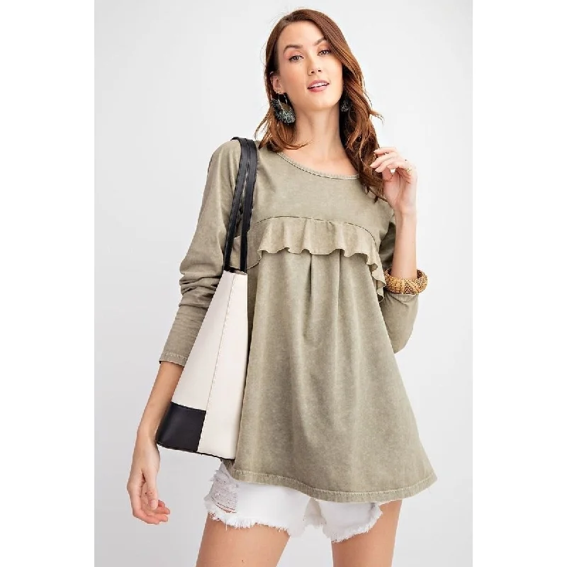 Long Sleeve Ruffled Detailing Oil Washed Knit Tunic Adventure