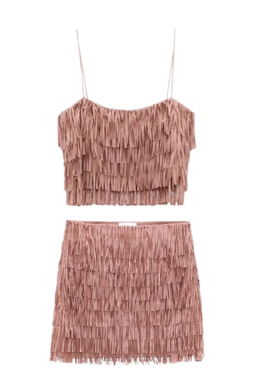 'Yara' Fringe Layered Top & Mini Skirt Sleek Women's Metallic