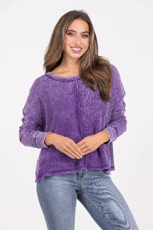 Not Too Fast Women's Washed Waffle Knit Long Sleeve Top Traditional Women's 