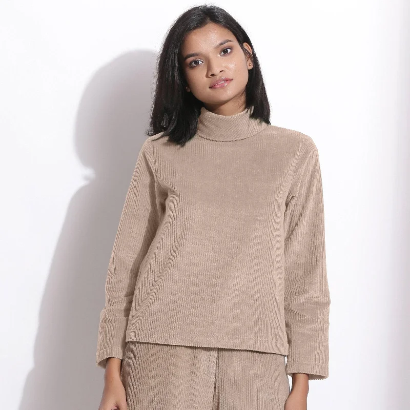 Taupe Beige Warm Cotton Corduroy Turtleneck Top Laid - back Women's Vibe