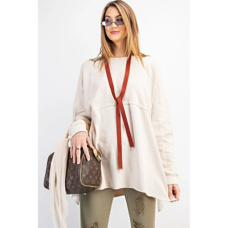 Terry Knit Upside Down Detailing Side Slits Pullover Tunic Elegant Women's Formal 
