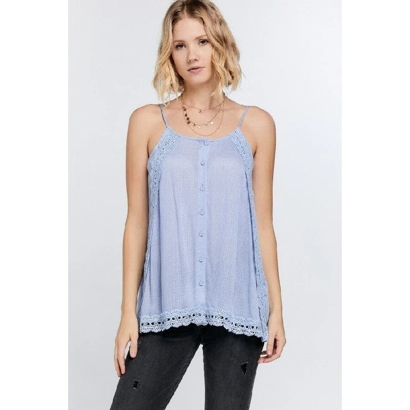 Boho Scallop Lace Trim Detailed Button Down Solid Subtle Textured Slit Side Overlay Layered Cami Top Practical Women's Multi - 