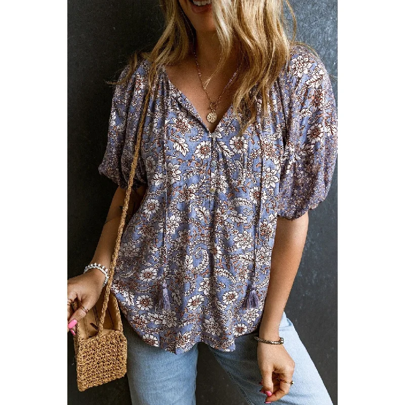 Isla Tassel Tie Split Neck Bubble Sleeve Blouse Refined Women's 