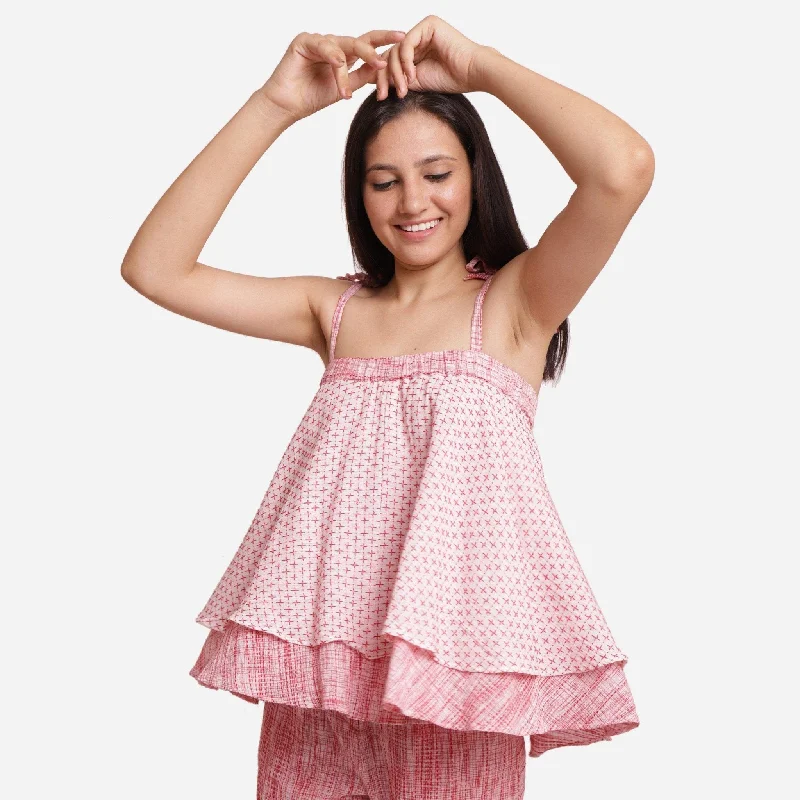 White Crinkled Cotton Strappy Tier Flared Top Youthful Women's Anime - inspired