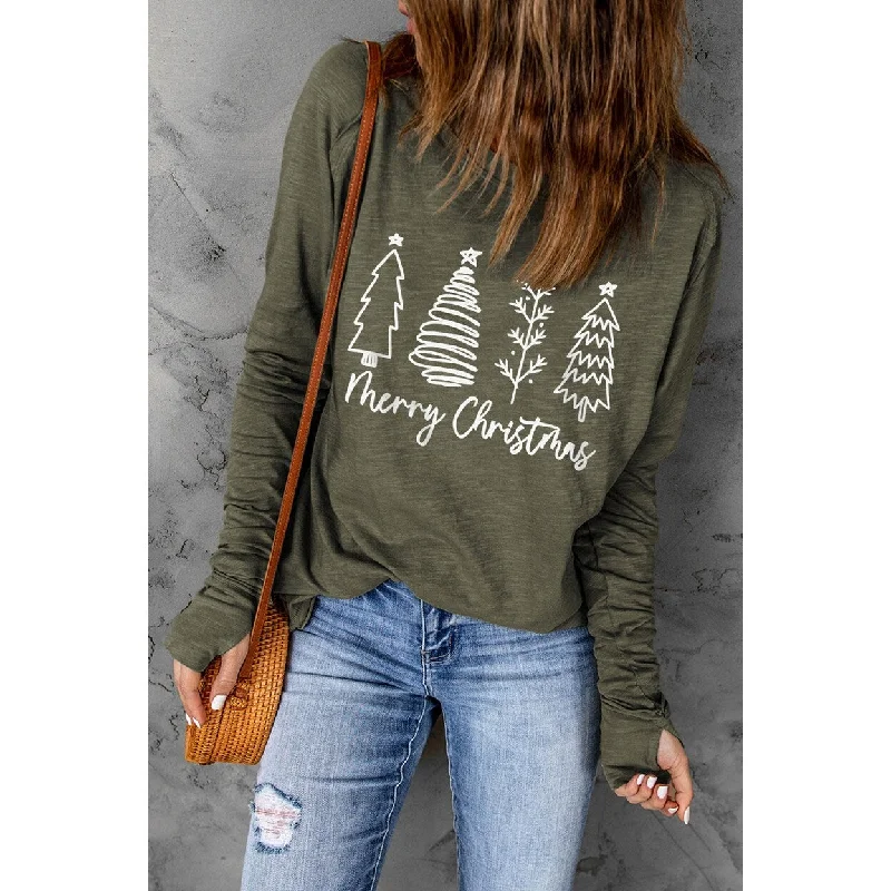 Thea Merry Christmas Trees Thumbhole Sleeve Graphic Tee Street