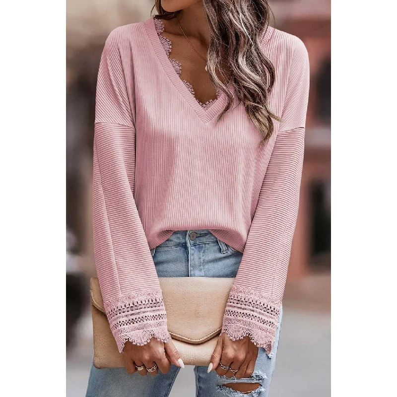 Lola Ribbed Texture Lace Trim V Neck Long Sleeve Top Refined Women's Classic 