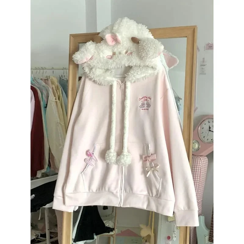 Littlest Lamb Fuzzy Zip Up Hoodie Edgy Women's Punk