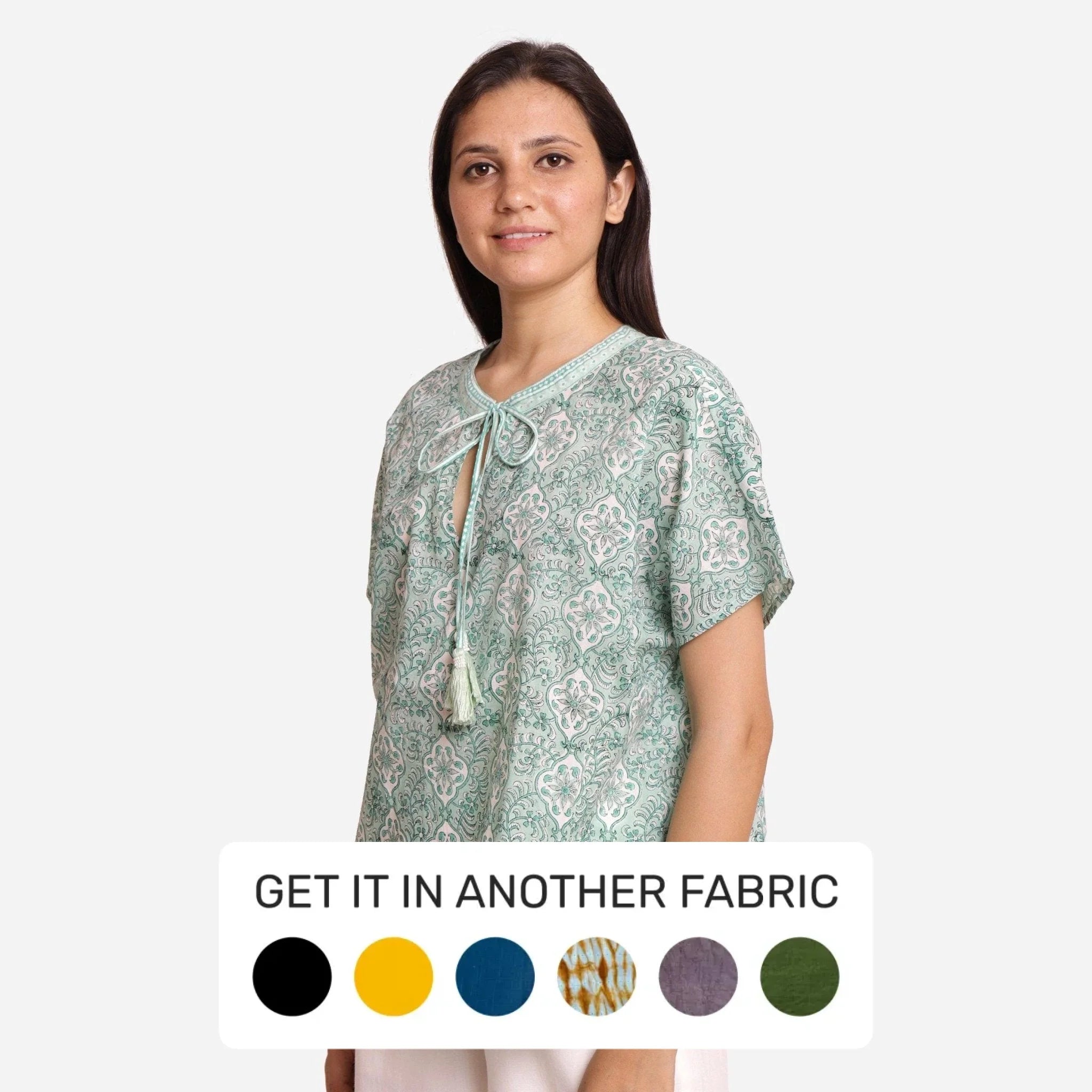Green Floral Block Printed Tie Neck Cotton Top Monochromatic All - in - one