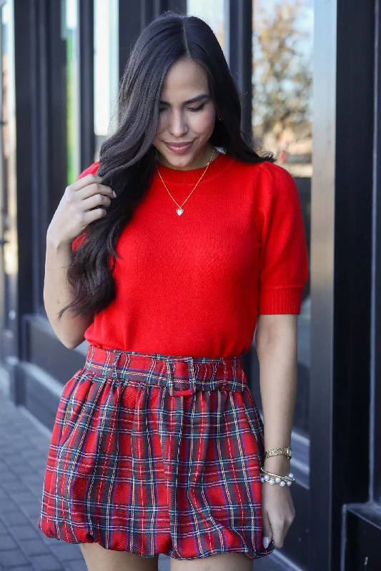 Keep It Interesting Red Puff Sleeve Sweater Top Relaxed Women's Beachy