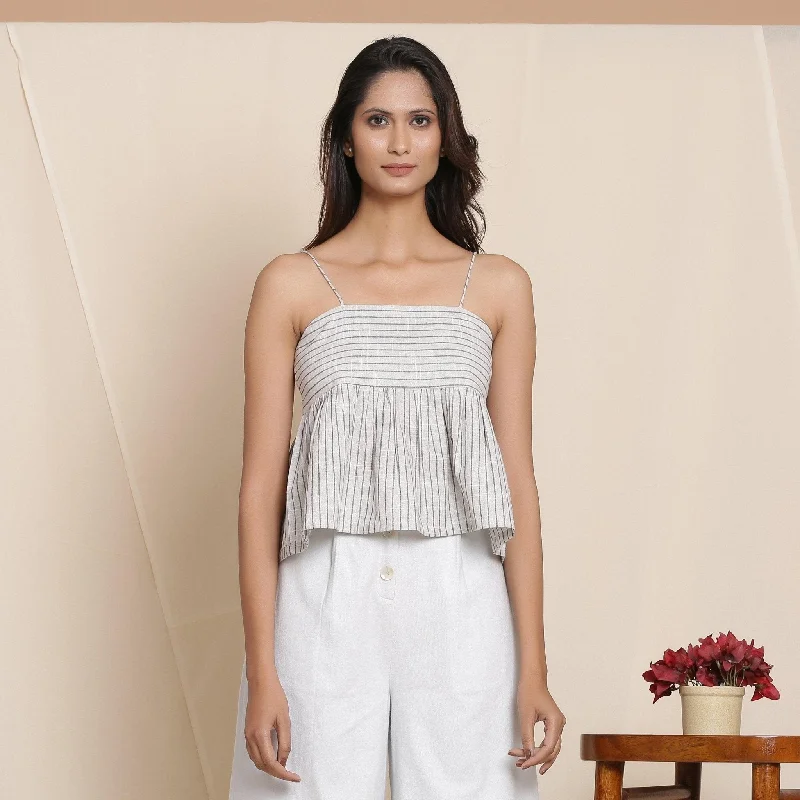 Cloudy Grey Yarn Dyed Cotton Striped Yoked Top Elegant Women's Formal 