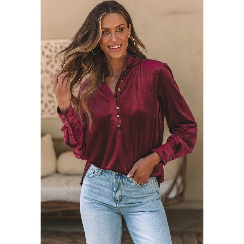 Gwynn Frilled Neck Buttoned Front Velvet Top Artistic Women's Avant - 