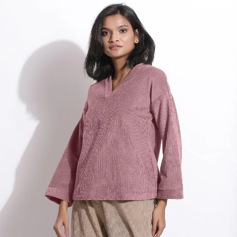 Mauve Striped Cotton Corduroy Warm V-Neck Top Dynamic Women's High - energy