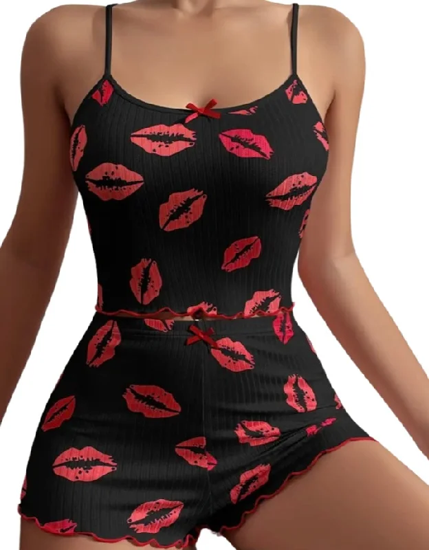 2 Piece Red Lips Ribbed PJ set Monochromatic All - in - one