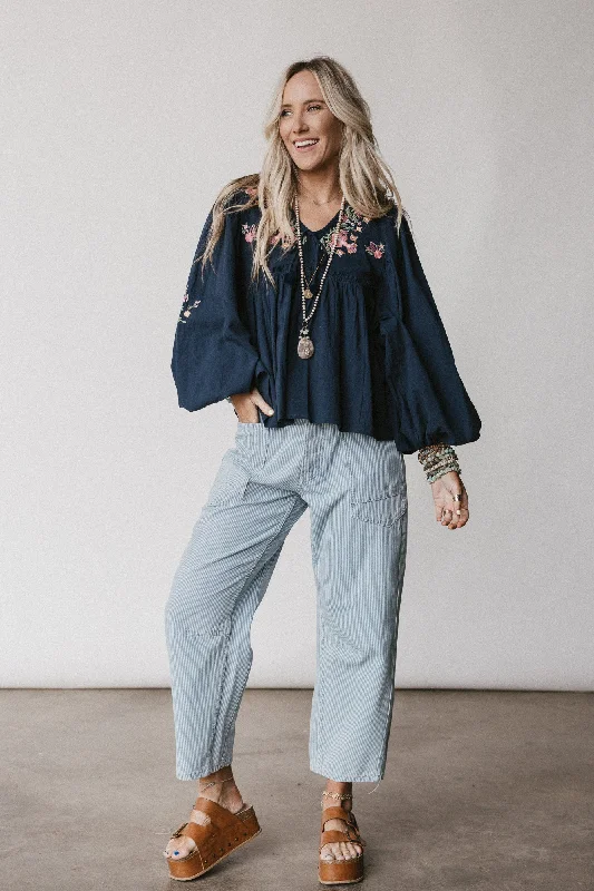 Whimsy Rose Embroidered Top - Navy Sleek Women's Metallic