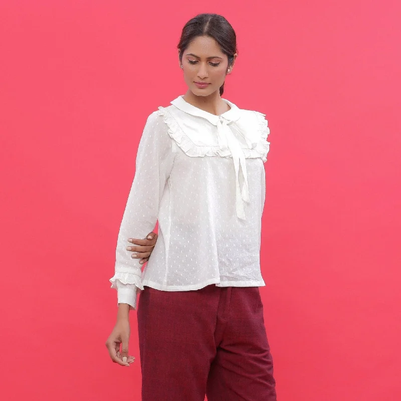 White Cotton Ruffled Yoked Flat Collar Blouse Top Street