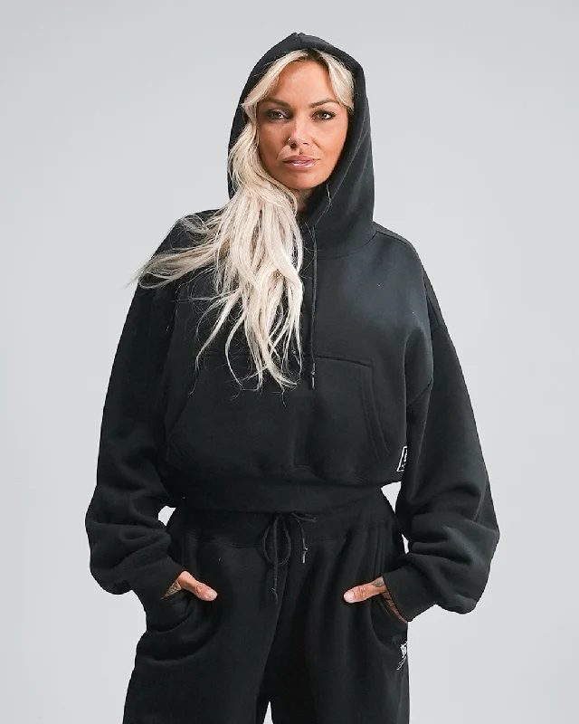 WOMENS OVERSIZED CROP HOODIE - BLACK Sleek Women's Metallic