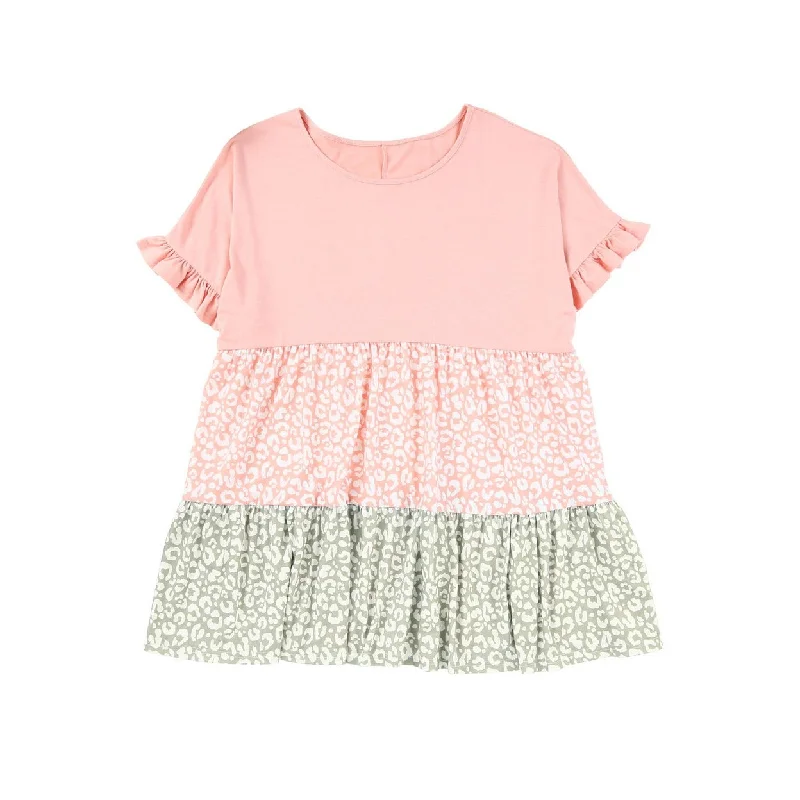 Savanna Ruffled Short Sleeve Leopard Splicing Flowy Plus Size Top Hip Women's Retro