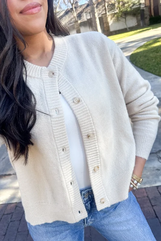 Here I Am Oatmeal Cardigan Sweater Disco