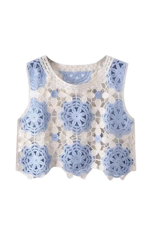 'Adrienne' Round Neck Sleeveless Crochet Short Top Modern Women's Tech
