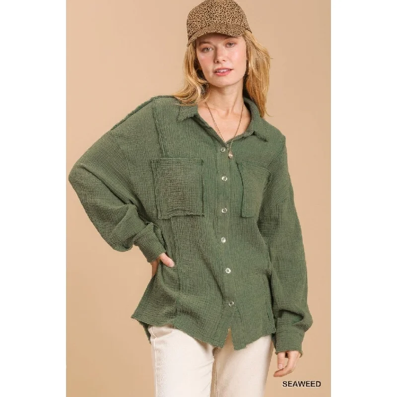 Mineral Wash Button Down Top With High Low Hem Women