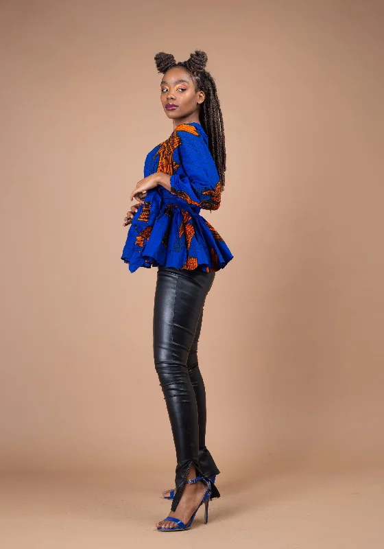 Magdalene Ankara Peplum Top | Blue African Print Artistic Women's Hand - painted