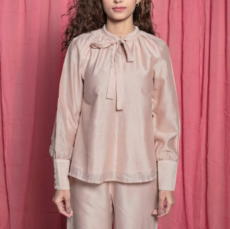 Champagne Cotton Chanderi Flared Tie Neck Top Vacation