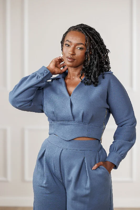 FINAL SALE - Mirah Pleated Surplice Top - Steel Blue Stylish Women's Tropical 
