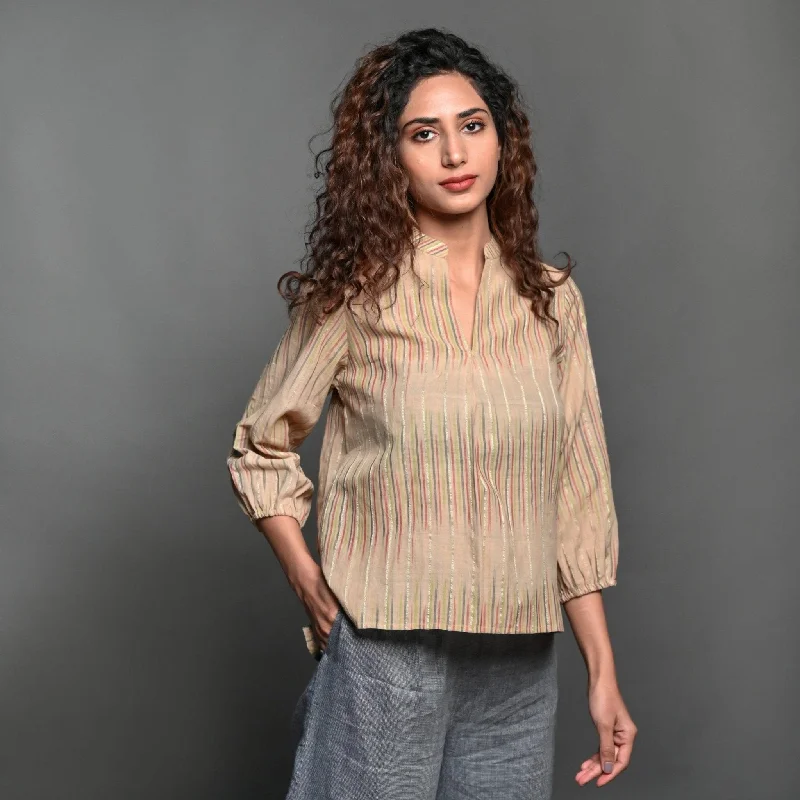 Beige Striped Handwoven Cotton Split Neck Pleated Shirt Confident Women's High - fashion
