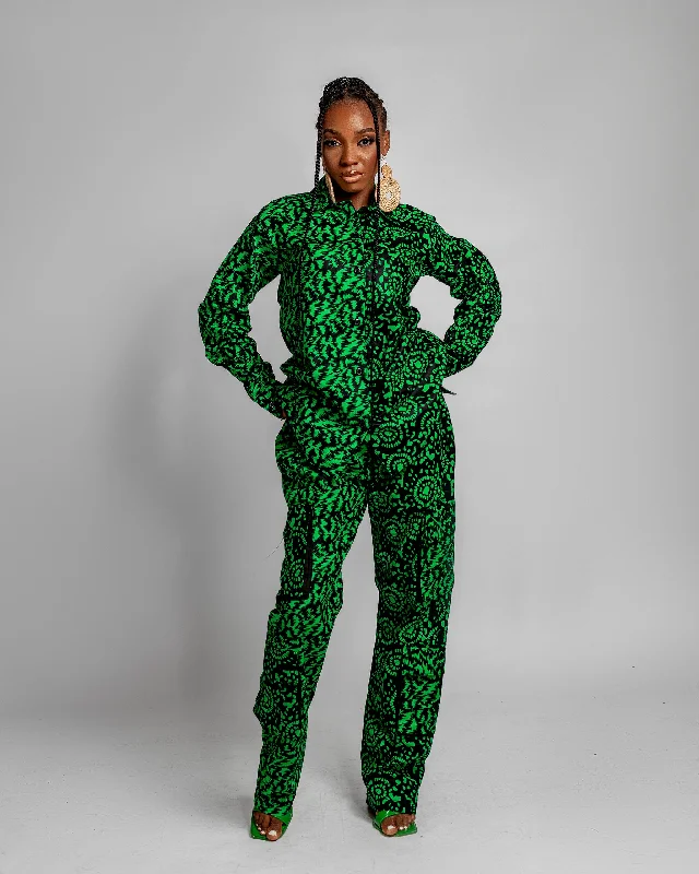 Jayla Long Sleeve Shirt | Green African Print Confident Women's Power