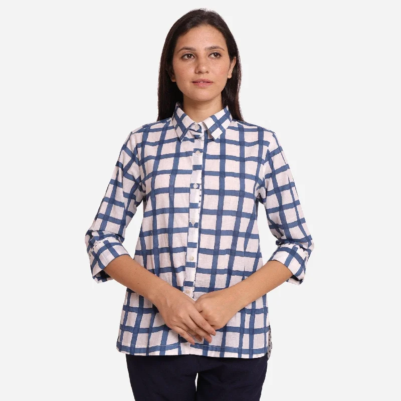 White and Blue Block Print Cotton Checks Shirt Modern Women's 