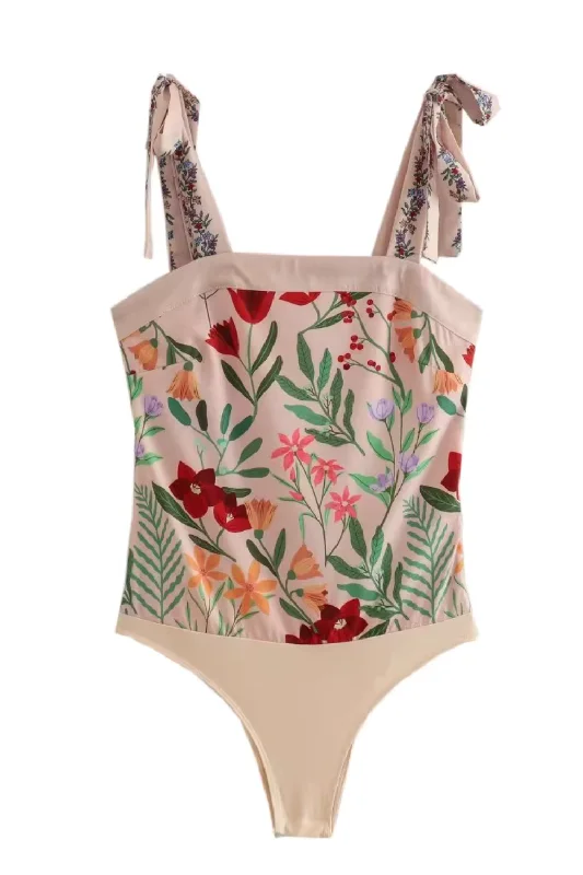 'Raven' Floral Print Tie-Straps Bodysuit Earthy Women's Hemp - based