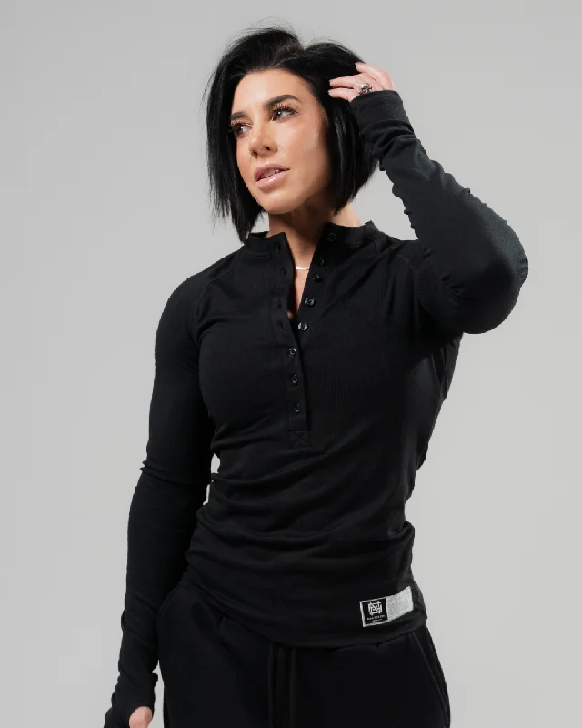 WOMENS RIBBED HENLEY - BLACK Geometric