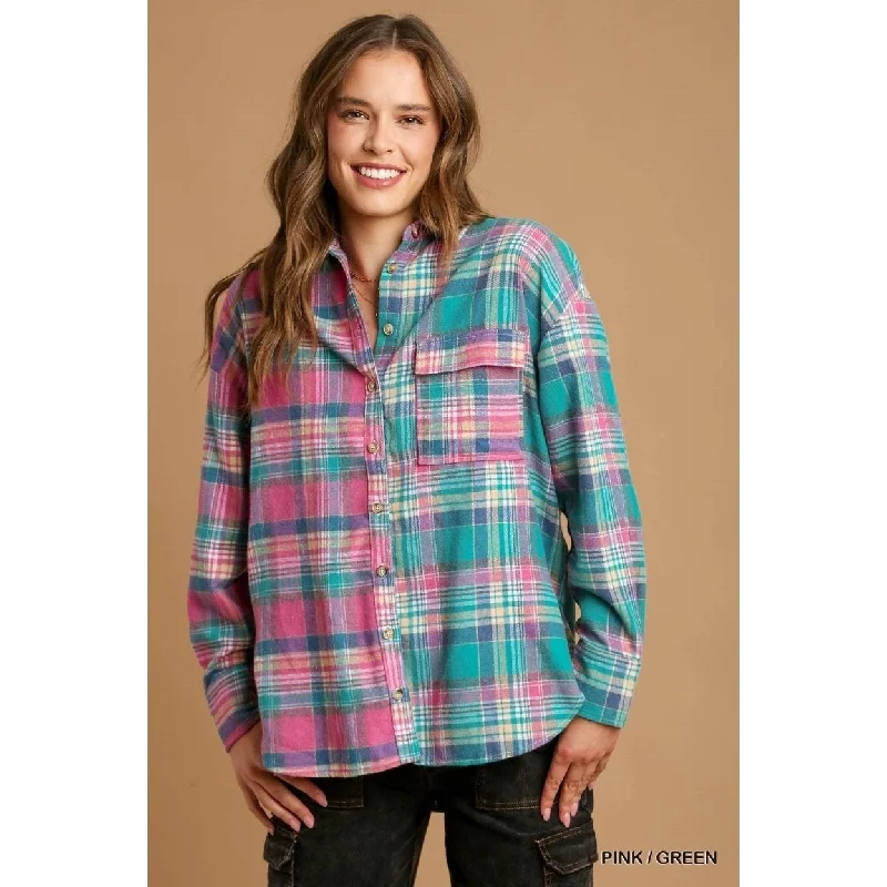 Mixed Plaid Boxy Cut Button Down Flannel With Front Pocket Monochromatic Office Style
