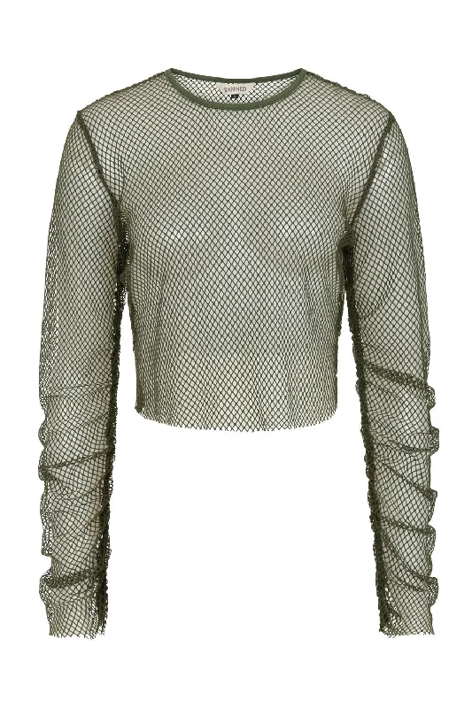 Zoey Army Green Long Sleeve Net Top Practical Women's Quick - dry