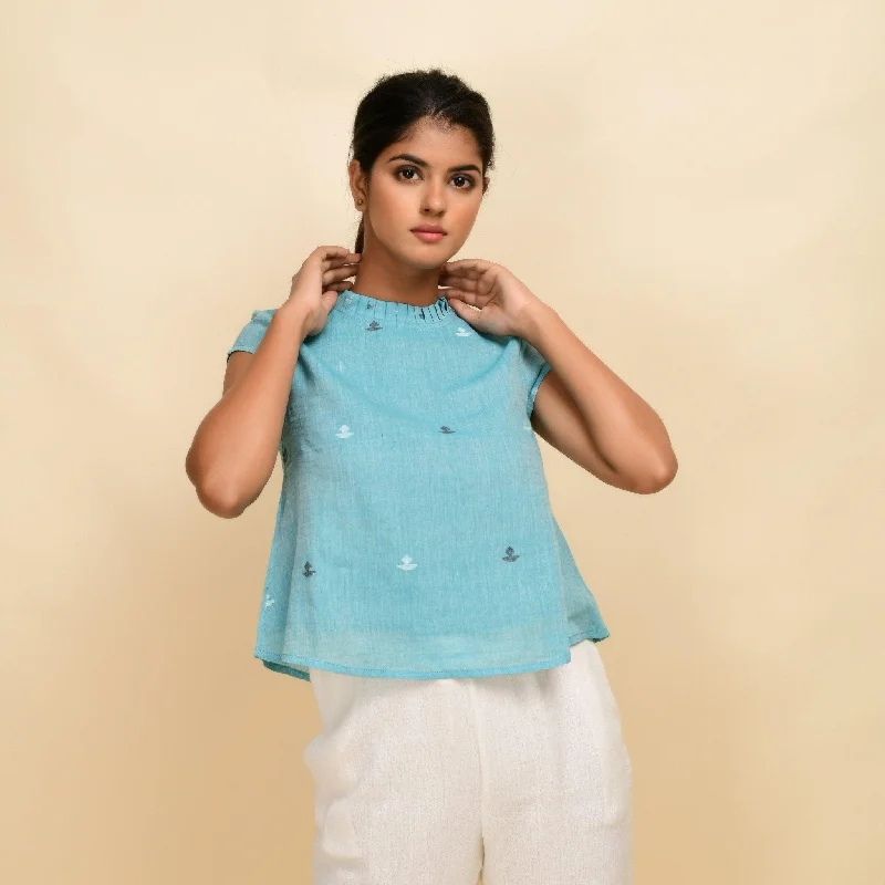 Powder Blue Cotton Muslin Ruffled Collar Jamdani Top Sleek Women's Metallic
