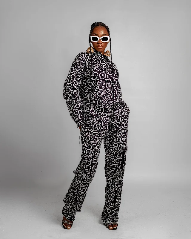 Jayden Long Sleeve Shirt | Black and White African Print Sleek Women's 