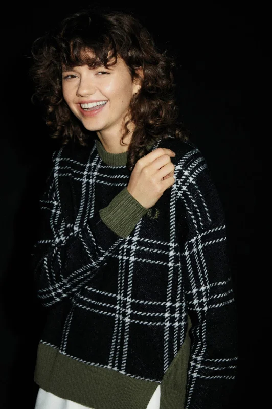 Fred Perry Black Tartan Panel Sweater Practical Women's Quick - dry