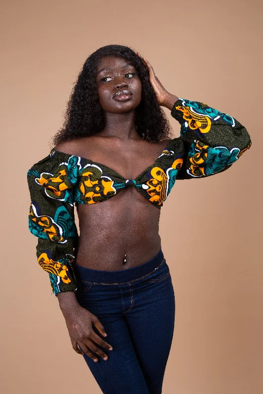 Tia Ankara Crop Top | Green and Yellow African Print Trendy Women's Oversized
