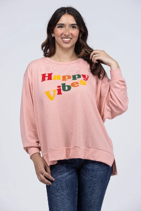 Happy Vibes Graphic Women's Long Sleeve Top Sleek Women's Metallic