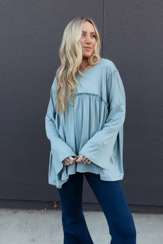 The Nest Solid Serenity Long Sleeve Babydoll Top - Slate performance performance